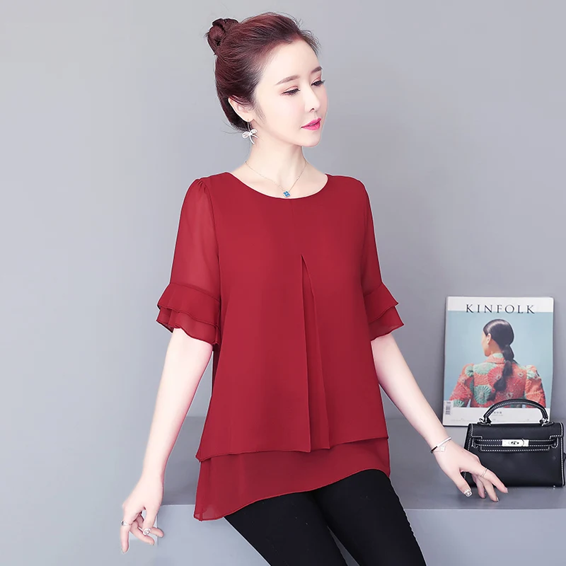 Summer Women Blouse Loose Shirt O-Neck Chiffon Female Short Sleeve Blouse Plus Size 5XL Shirts women tops and blouses Top NS4602