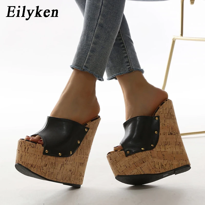 EilyKen nit Peep Toe platformy klapki na koturnie czarne letnie buty kobieta seksowne bardzo wysokie obcasy muły sandały rozmiar 35-42