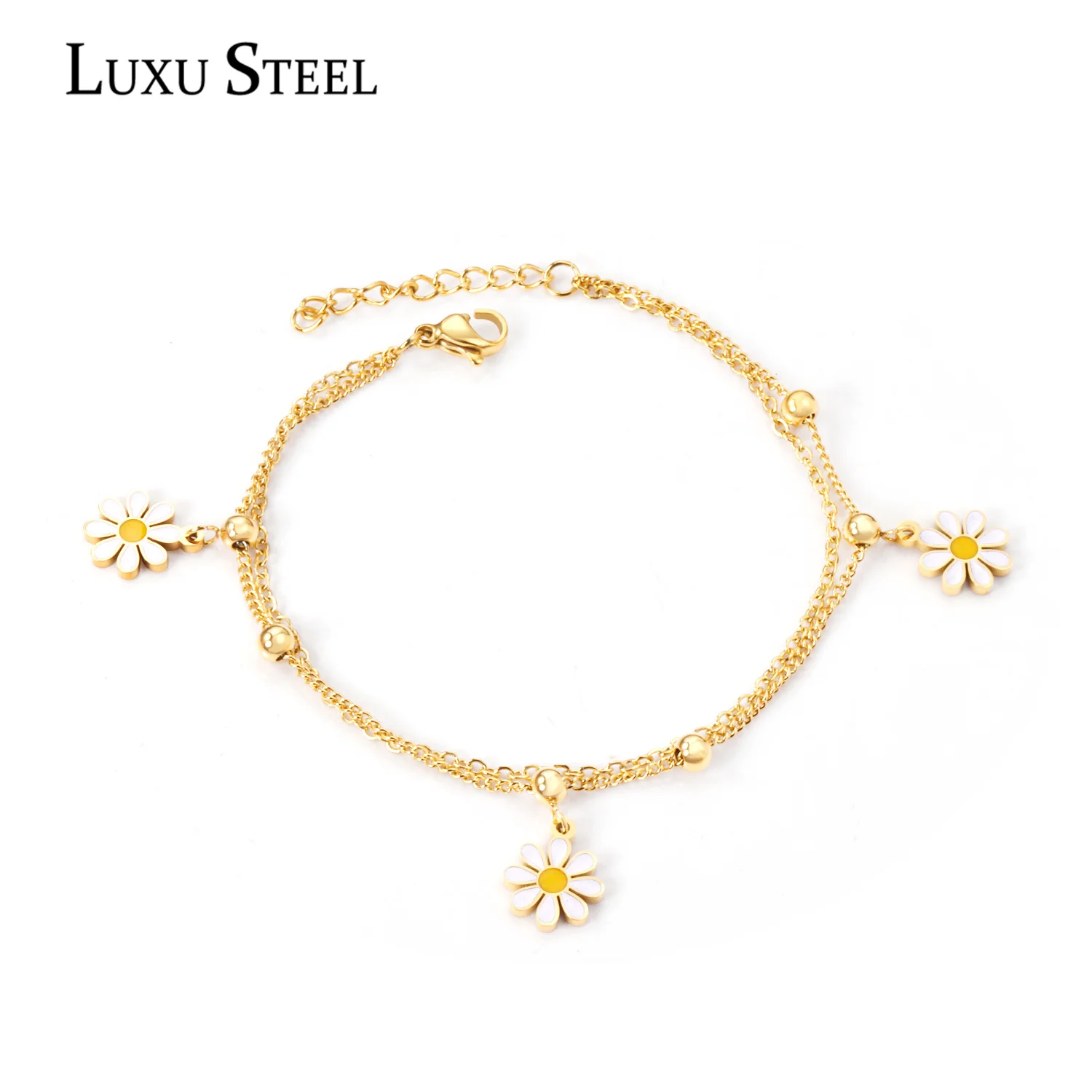 LUXUSTEEL Ladies Bracelet Fashion Sweet White Petal Chain Bracelet Stainless Steel Golden Color Double Chains Bracelets