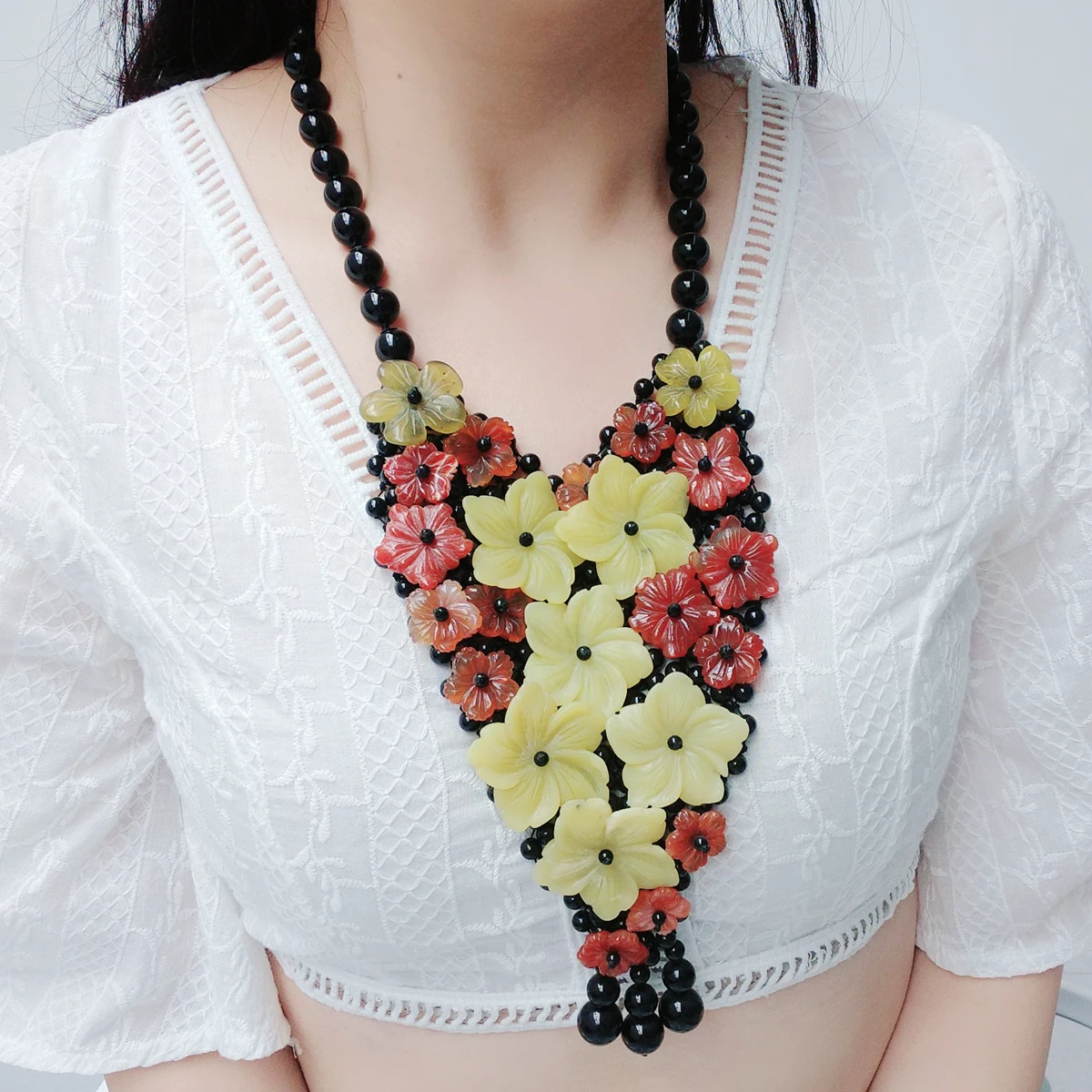 Lii Ji Women's 54cm Big Statement Necklace with Real Stones - Carnelian Lemon Jade Onyx for Jewelry Party Gift