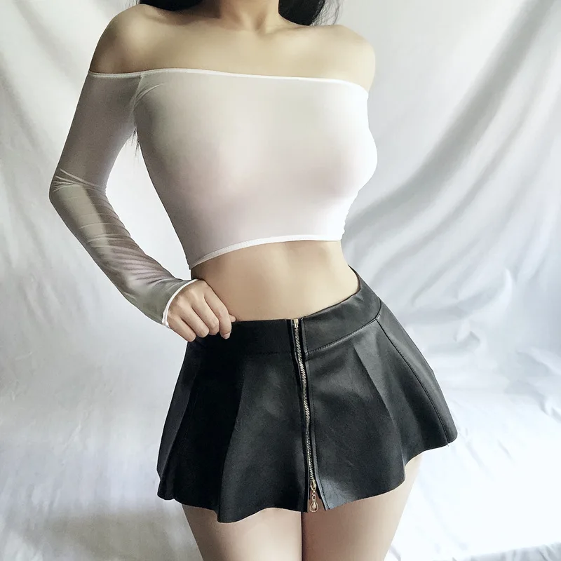 Sexy Women Zipper Open Gothic Black Pleated Skirt PU Faux Leather A-Line Ruffled MINI Skirt Club Sexy Stage Maid Wear F13