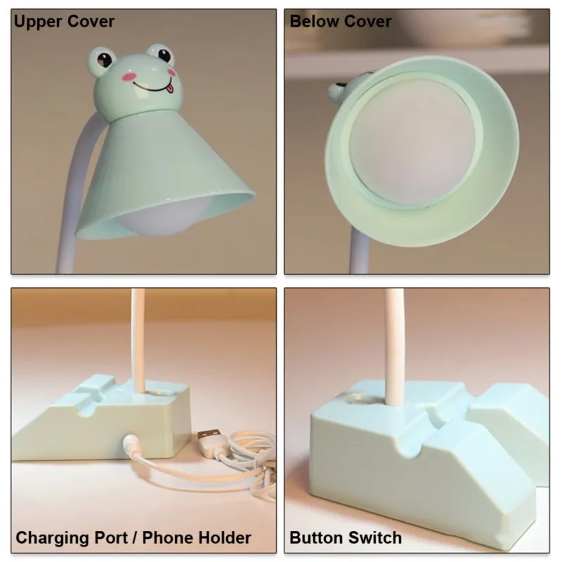 Cartoon Lampshade LED Desk Lamp with Phone Holder Base Push Buttion Switch on / Off USB Charging Table Light Study Room