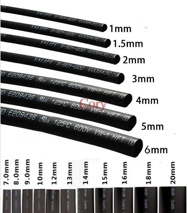 5 METER/LOT BLACK 1mm 1.5mm 2mm 2.5mm 3mm 3.5mm 4mm 5mm 6mm Black Polyolefin 2:1 Heat Shrink Tubing Tube Sleeving CZYC