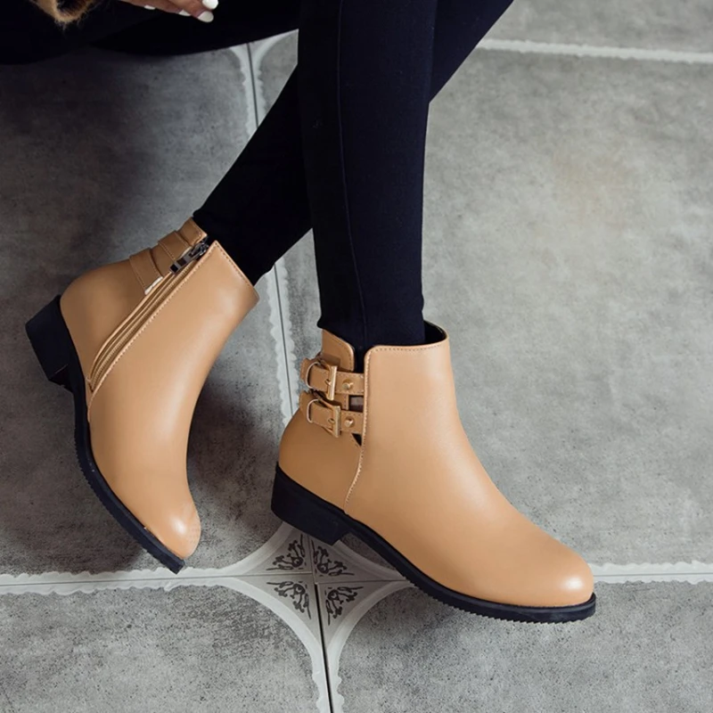 BLXQPYT Leather boots women  Thick Heels Ankle Boots For Women Round Toe Winter PLus size 32- 48 Shoes Platform Boots 7104