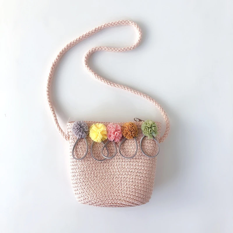 Summer new style children\'s handmade straw woven shoulder bag cute girls mini diagonal bag princess floral woven beach bag