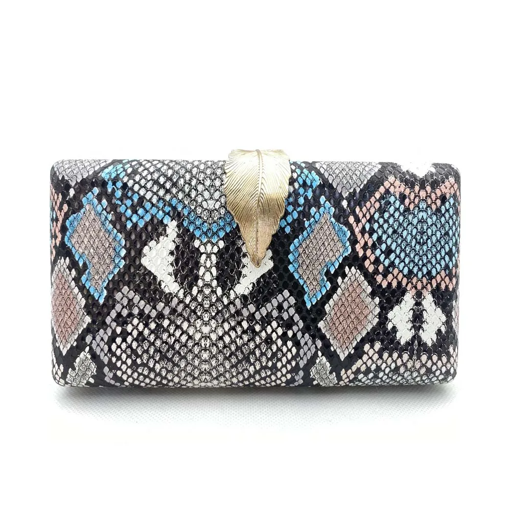 Trendy Leaf Clasp Lock Metal Box Evening Purse Python Skin Clutch Bags Chain Crossbody Bag Handbags Woman 2021 Party