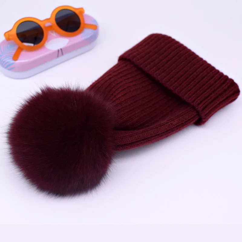 2022 Natural Fox Fur Pompon Hat Thick Winter for Women Cap Beanie Hats Knitted Cashmere Wool Caps Female Skullies Beanies