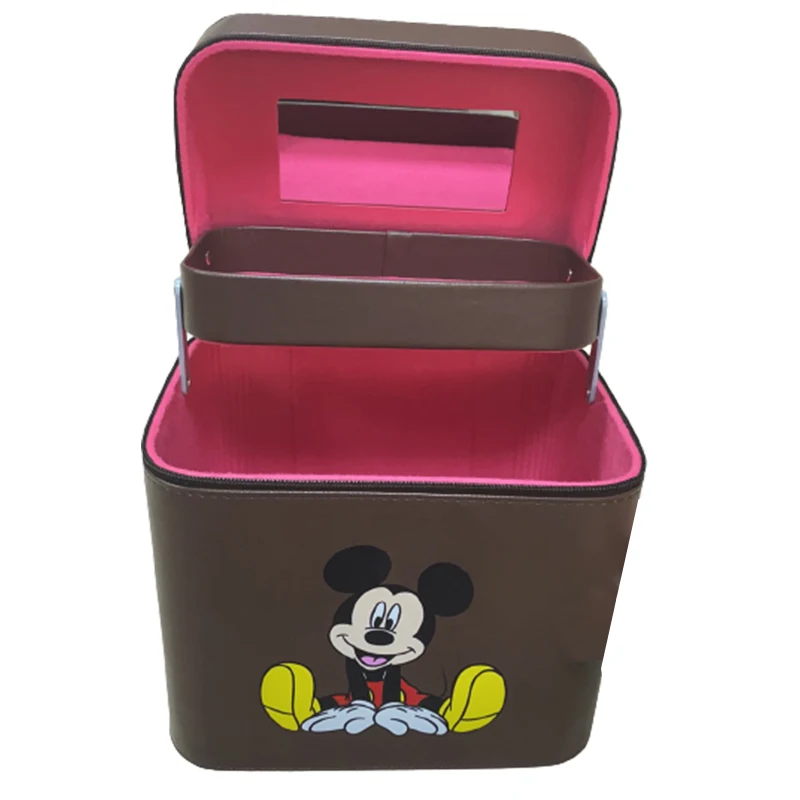

Disney Cartoon Mickey Mouse double-deck Multifunctional Cosmetic Bag Women Leather Travel Make Up Zipper Makeup box Pouch Bag
