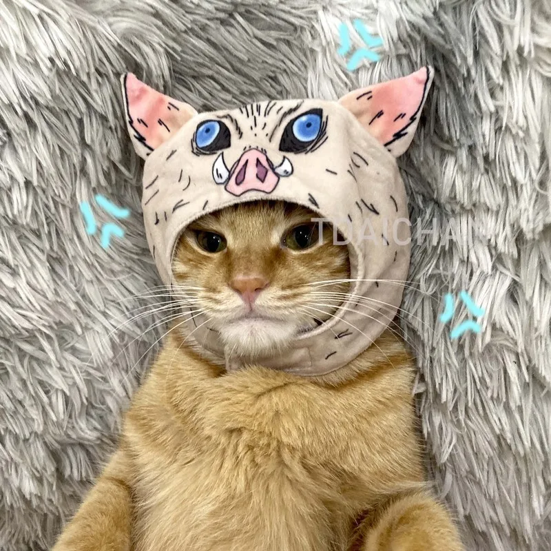 Hashibira Inosuke Pet Cosplay Costume Anime Slayer Pet Supplies Cat Plush Headgear Hat Dress Up Headdress Photo Props Cute Demon