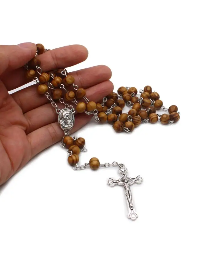 Retro Wooden Rosary Beads Necklace for Women Cross Jesus Pendant Religious Gifts GXMA