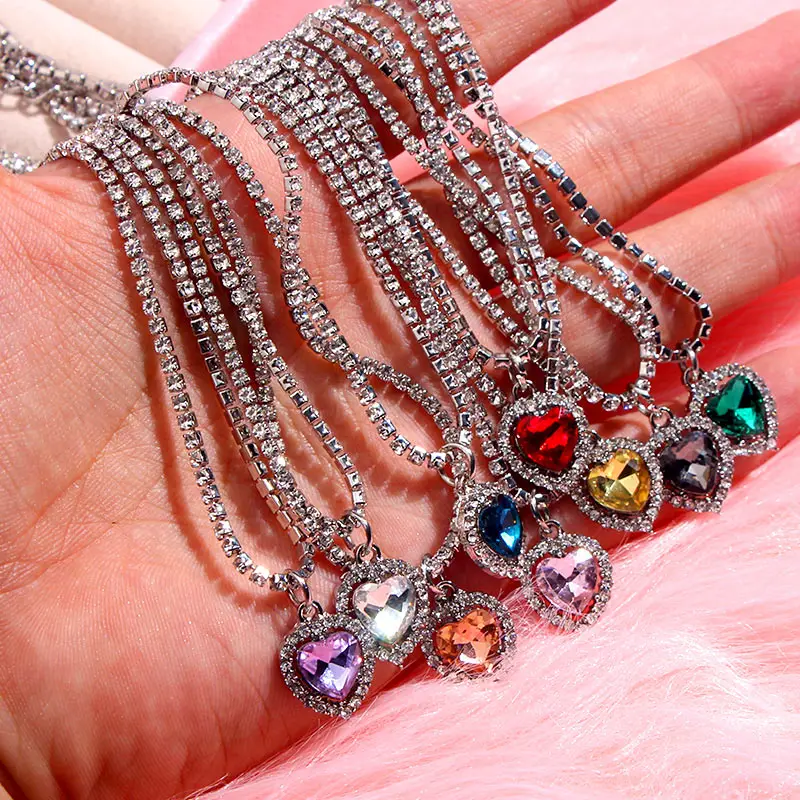

Flatfoosie Fashion Heart Crystal Pendant Necklace for Women Multicolor Shiny Rhinestone Necklace 2020 New Charm Jewelry Gift
