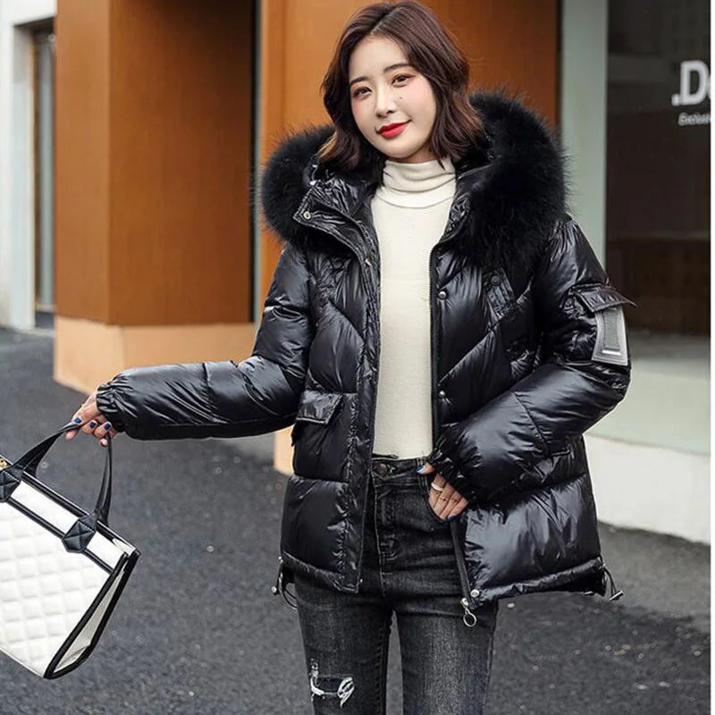 Korean Bright Face Big Fur Collar Down Cotton Jacket Women\'s 2025 Winter Jackets Female Parkas Loose Thick Warm Hooded Outerwear