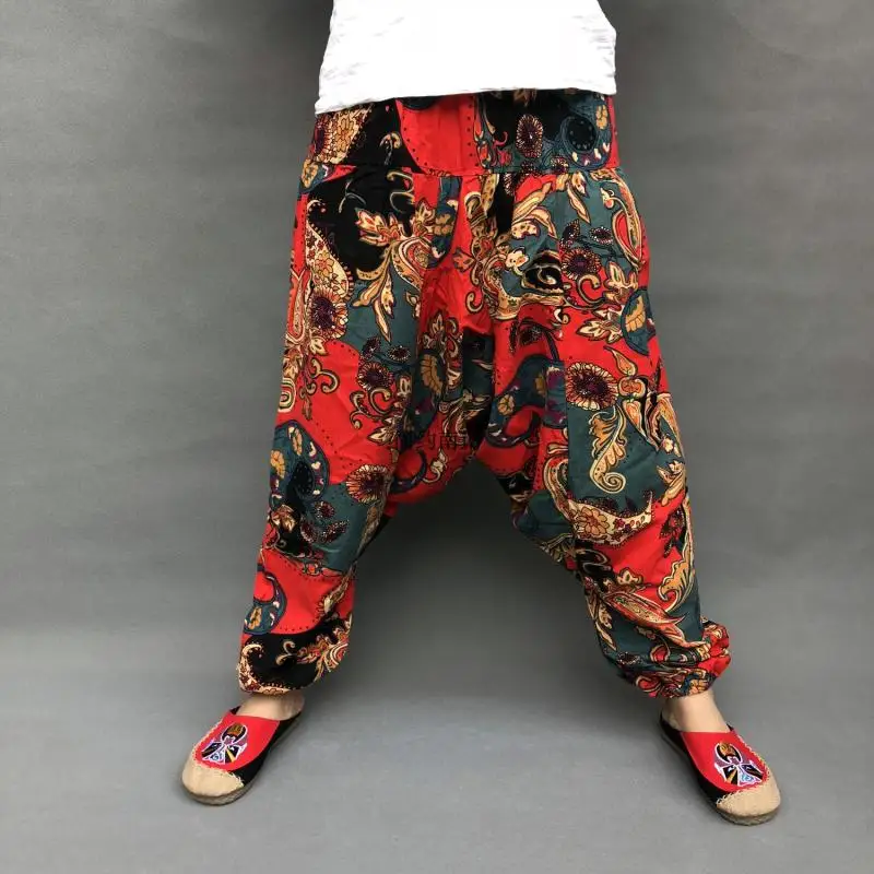 Étnicos Harem Pants Mulheres Hemp Bloomer Baggy Loose Mulheres Novas Calças 100% Algodão Linho Plissado Oversize Bolsos Calças Perna Larga