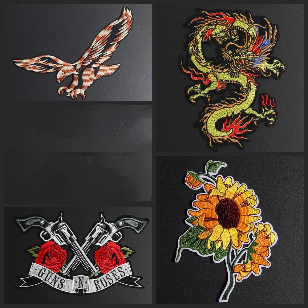 Embroidery patches Sunflower dragon and eagle large size badge Bags coats Decal ironing on clothes high quality patch