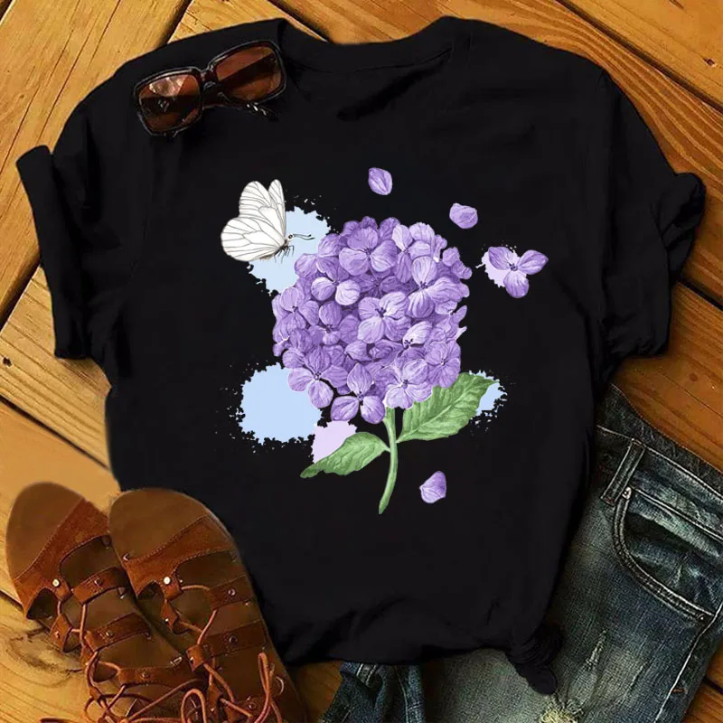 Butterfly Hydrangea Print T-shirt Women's Cute Pattern Harajuku Black T-shirt Women's T-shirt Casual Top Flower T-shirt