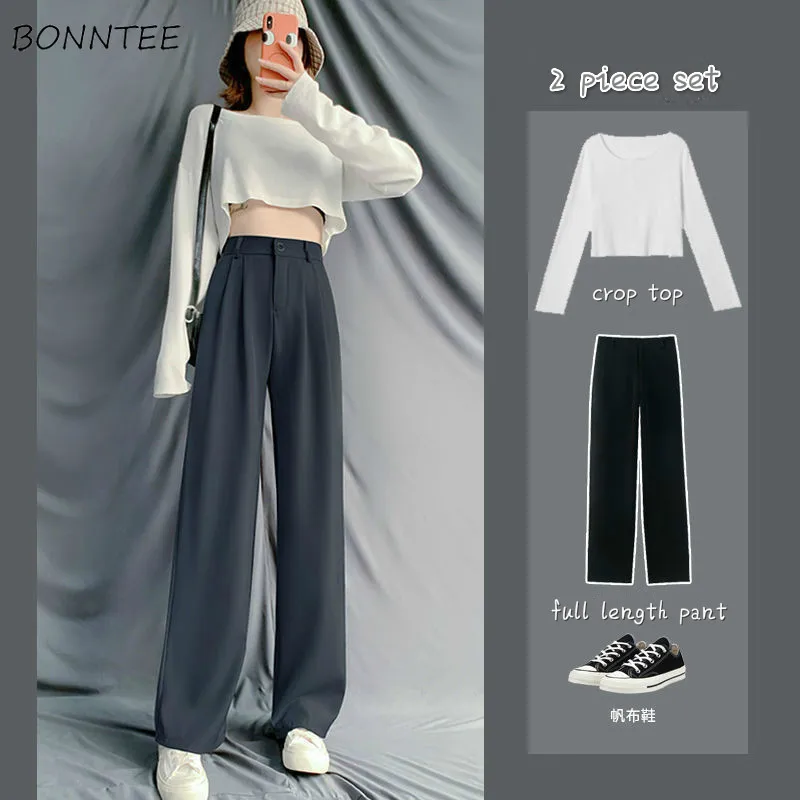 

Sets Women BF Style Autumn New Chic Popular Casual Ladies Outfits Wide-leg Simple High Waist Trousers Basic Black Femme Crop Top
