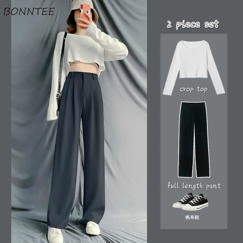 Sets Women BF Style Autumn New Chic Popular Casual Ladies Outfits Wide-leg Simple High Waist Trousers Basic Black Femme Crop Top