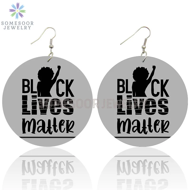 SOMESOOR Black Lives Matter Woman Wooden Drop Earrings Afro Melanin Power Fist Printed Big Loops Dangle Jewelry For Lady Gifts