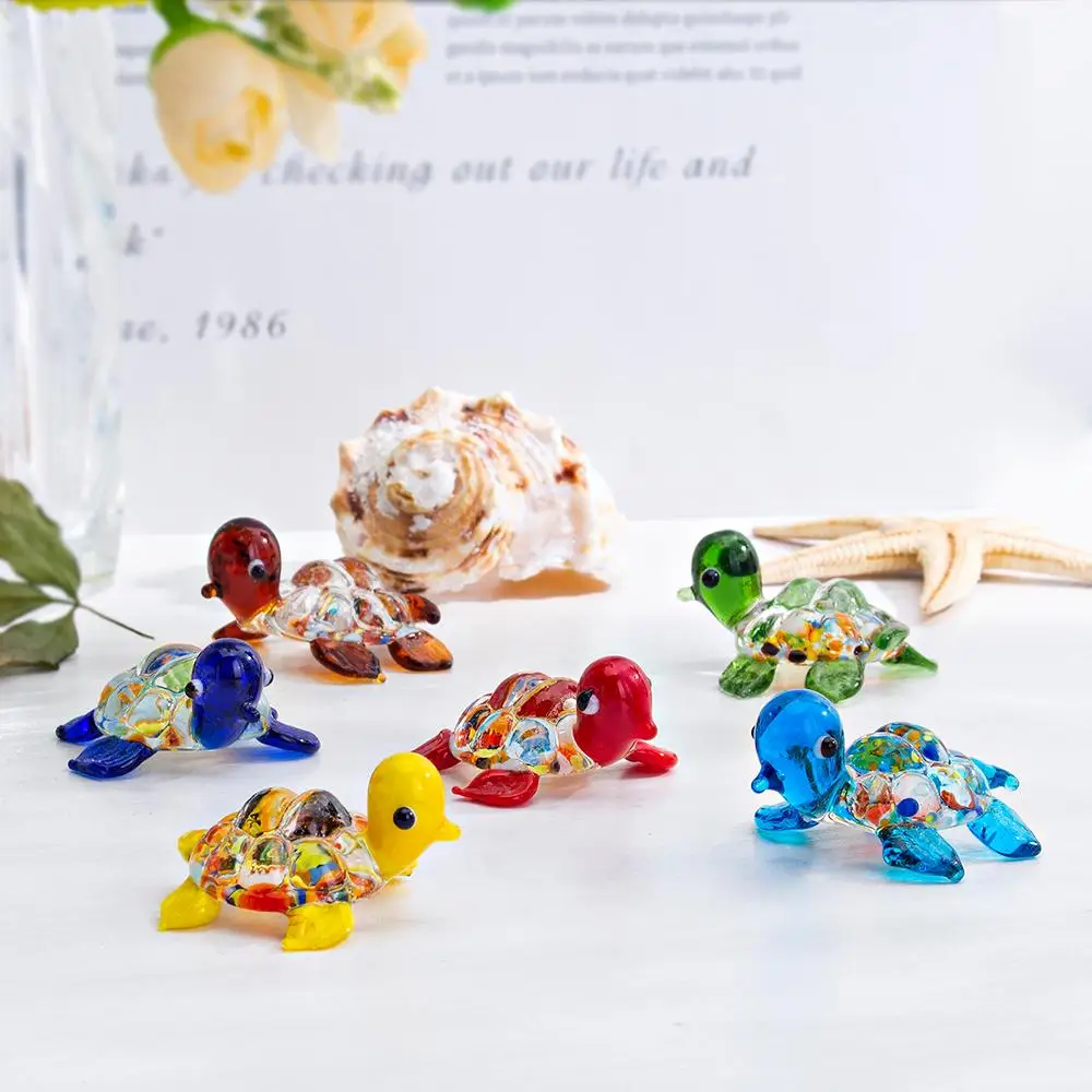 

H&D 6pcs Handmade Tiny Turtle Hand Blown Glass Sea Animal Gift Decor Collectible Figurine Gardens Colorful Fish Tank Ornament