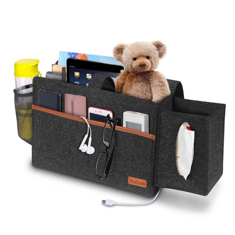 Bedside Bunk Bed Organizer Felt Hanging Storage Bag with Tissue Box and Water Bottle Pocket for College Dorm Sofa Desk Bunk Bed