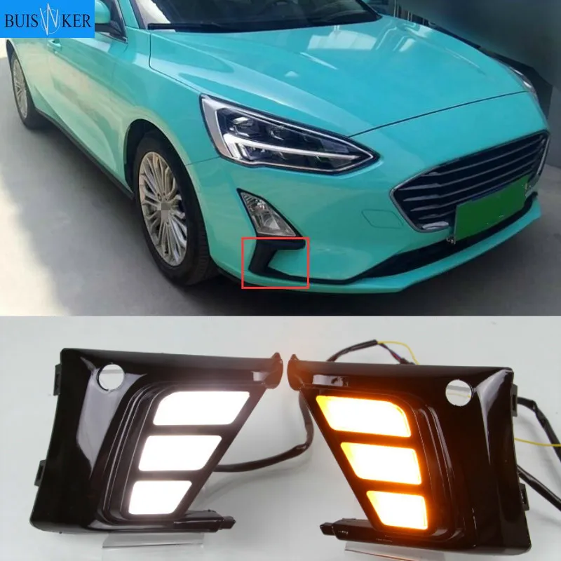 

For Ford Focus 2019 Daytime Running Light for Focus DRL LED Fog Lamp Cover With Yellow Turning Signal Functions