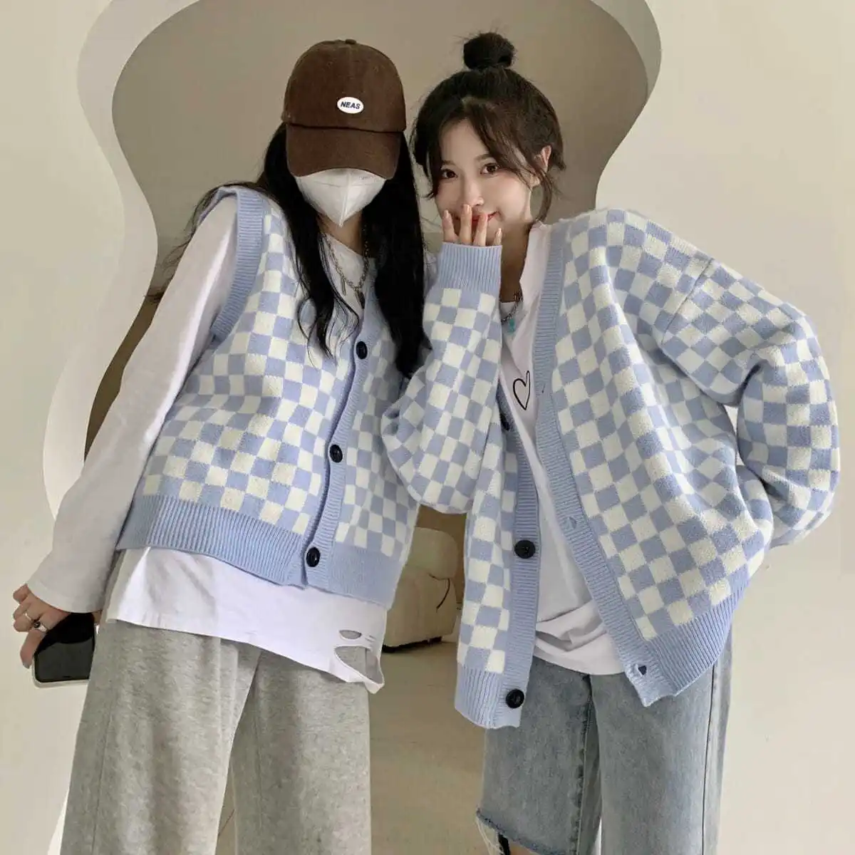 Checkered Cardigan Women All-match Outwear Fashion Loose Vintage Leisure Street Style Stylish Cool Girl Coats Sweaters Warm Chic