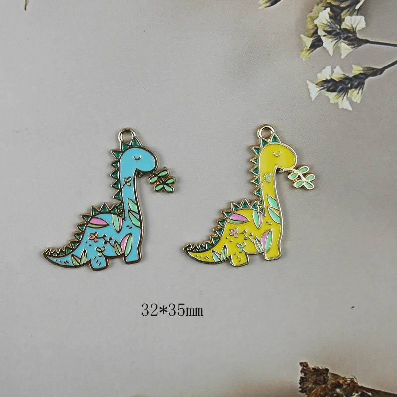 10pcs Kawaii Dinosaur Metal Charms Enamel Pendants Charm Fit Bracelet Earring Floating DIY Jewelry Making Golden Base 32*35mm