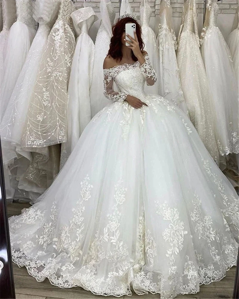 Precioso Vestido de baile de encaje de princesa, vestidos de novia de manga larga sin hombro, Apliques de encaje en la espalda, Dubai