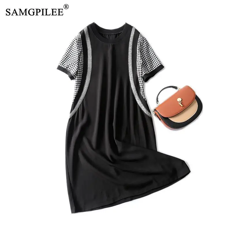 

Summer Woman Dresses 2022 Fashion Korean Style New Plaid Diamond Short-sleeved Knee-length Round Neck Dress Women 4XL