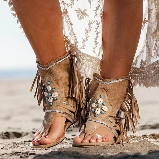 sandalias de cuña con flecos y flores para mujer