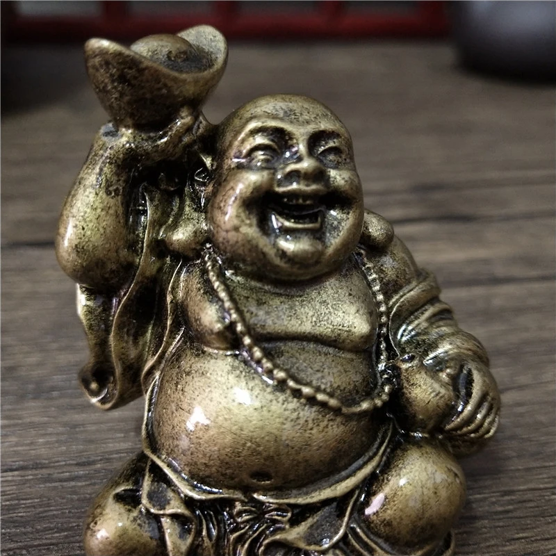 Cor de bronze dinheiro rindo buda estátua ornamentos resina feng shui chinês maitreya buda escultura estatuetas decoração para casa