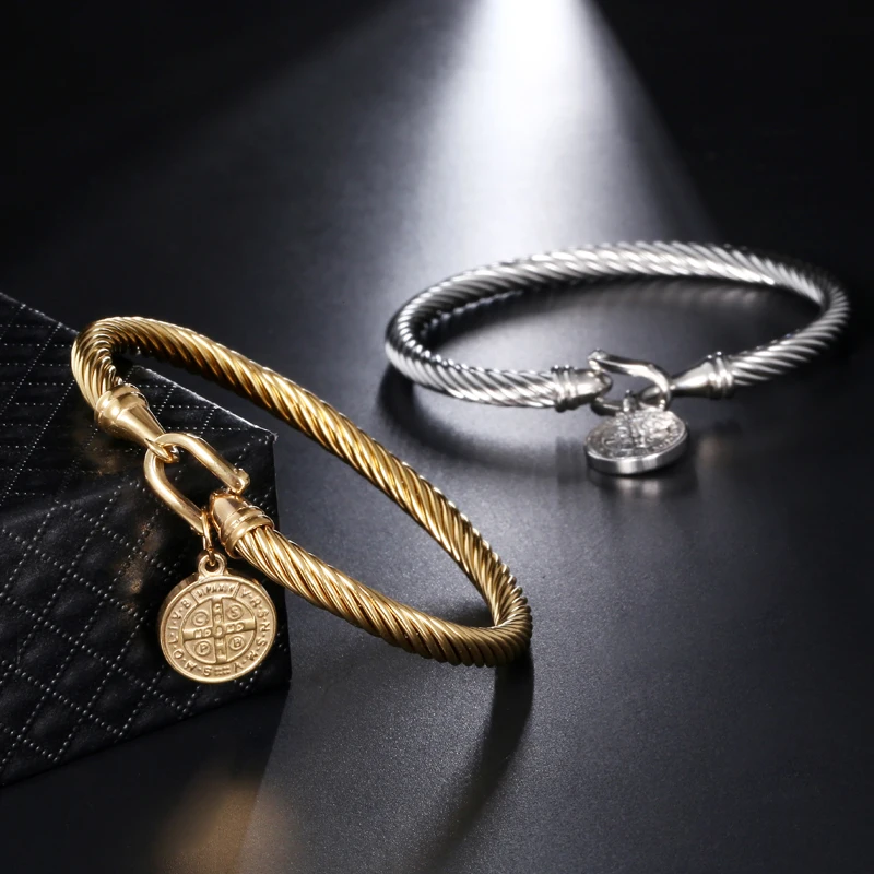 Stainless Steel Jesus San Benito Wire Bangles Saint Benedict Medal Charm Bracelet For Women Religious Jewelry Gift