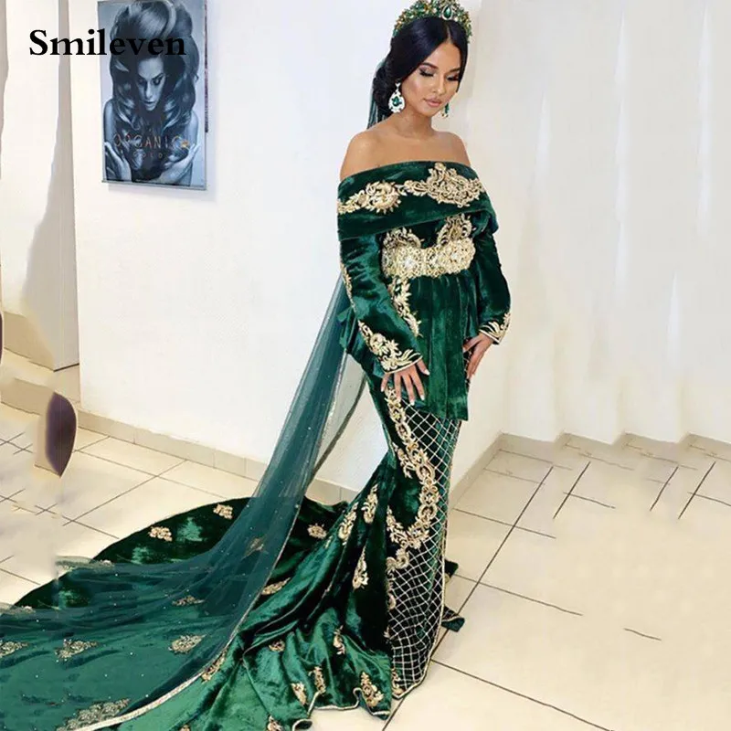 Smileven Caftan Evening Dresses Hunter Green Mermaid Prom Dress Off The Shoulder Velvet Long Sleeve Evening  Formal Party Dress