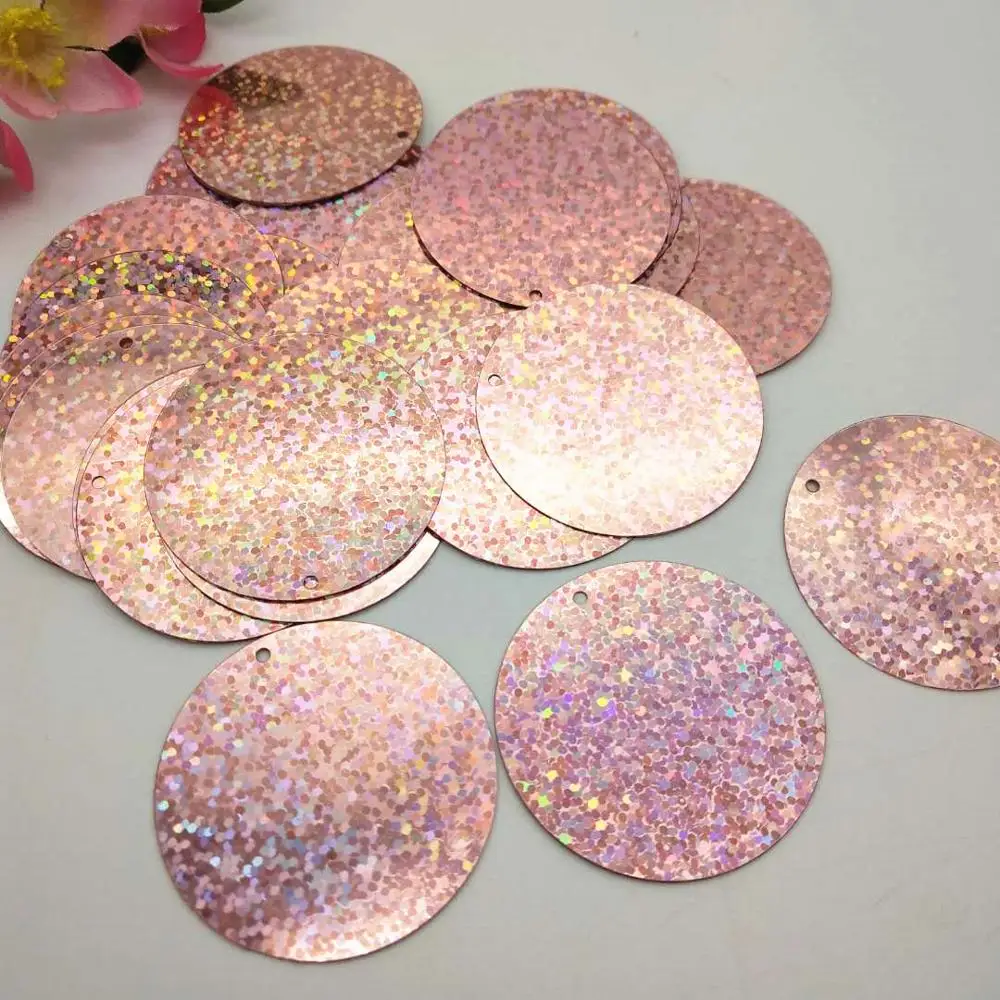 50g 40mm Flat Round Sequins For Crafts Sewing Accessories With 1 Side Hole Laser Pink Champagne