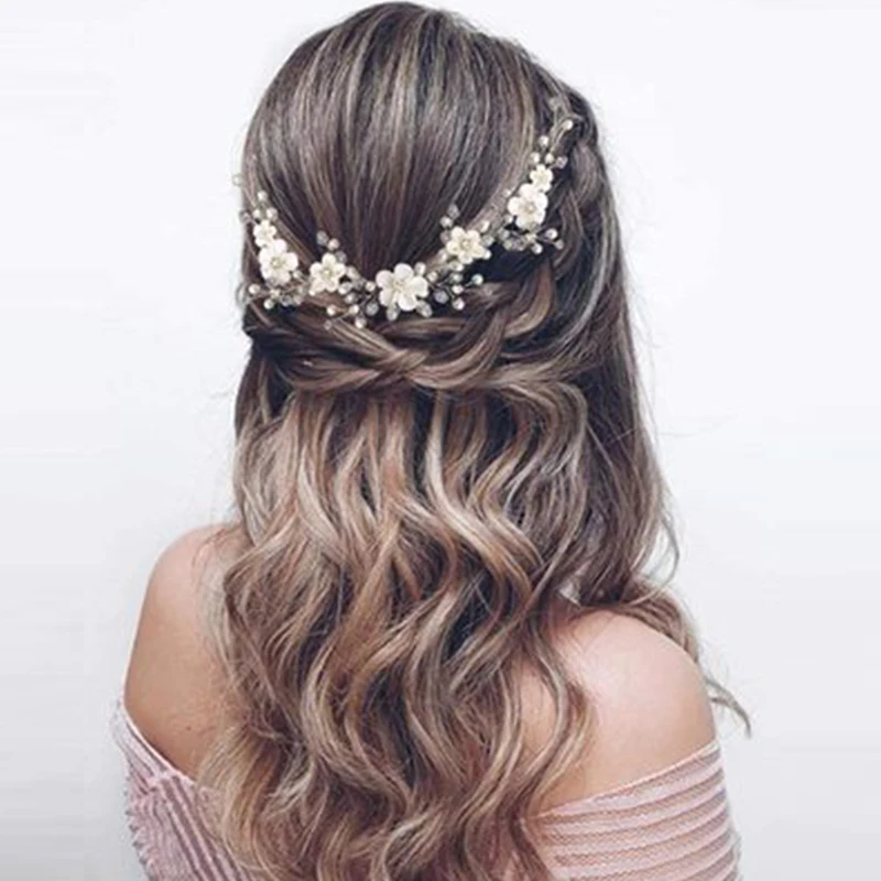 Silver Color Headband Soft Pottery Flower Crystal Headpieces Long 2 Colors for Woman Elegant Hair Accessories Wedding Jewelry