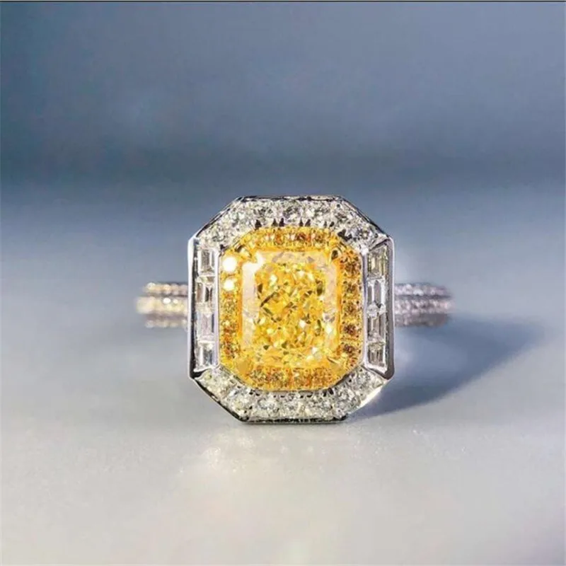 Rulalei Vintage Fashion Jewelry 925 Sterling Silver Princess Yellow AAAAA Cubic Zircon Party Promise Women Wedding Band Ring