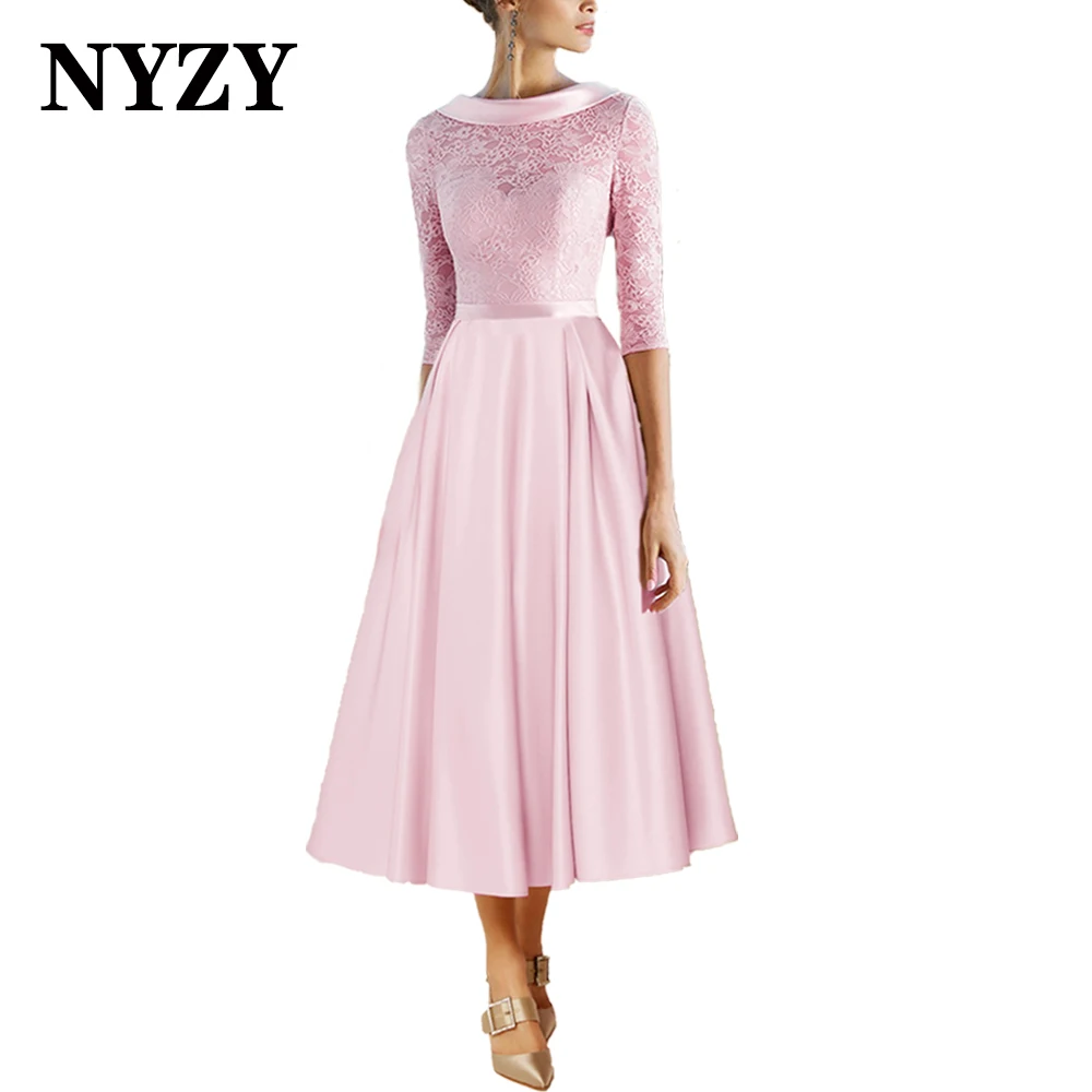 NYZY M345 Vintage Schüssel Neck Halbarm Tee Länge Champagne Mutter der Braut Kleider Hochzeit Party Kleid Kirche Anzüge