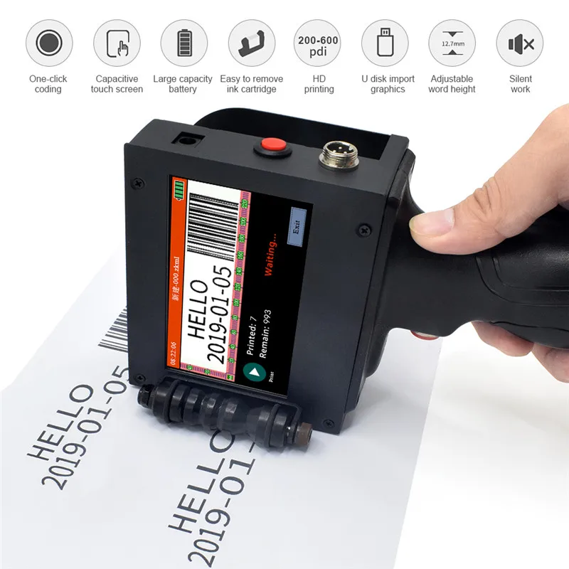 25.4mm Handheld Printer Mini Inkjet with  25 Languages & 300-600DPI Touch Screen for  Bar Batch Code Variable Date Number Logo