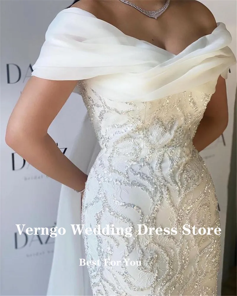 Verngo Dubai Arabic Lace Beads Wedding Dresses Off the Shoulder Long Cape Floor Length Bridal Gowns Women White Formal Dresss