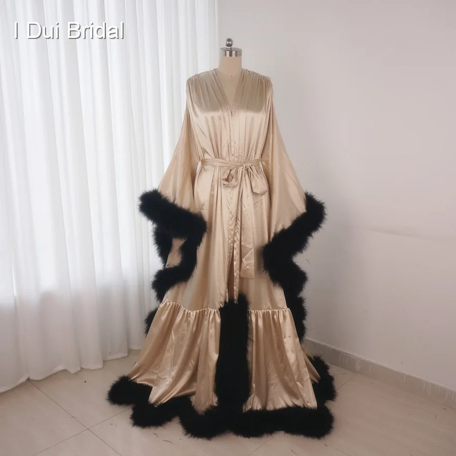 Satin Marabou Robe Long Sleeve Night Masquerade Dance Dress Homecoming Wedding Gift Boudoir Pajamas