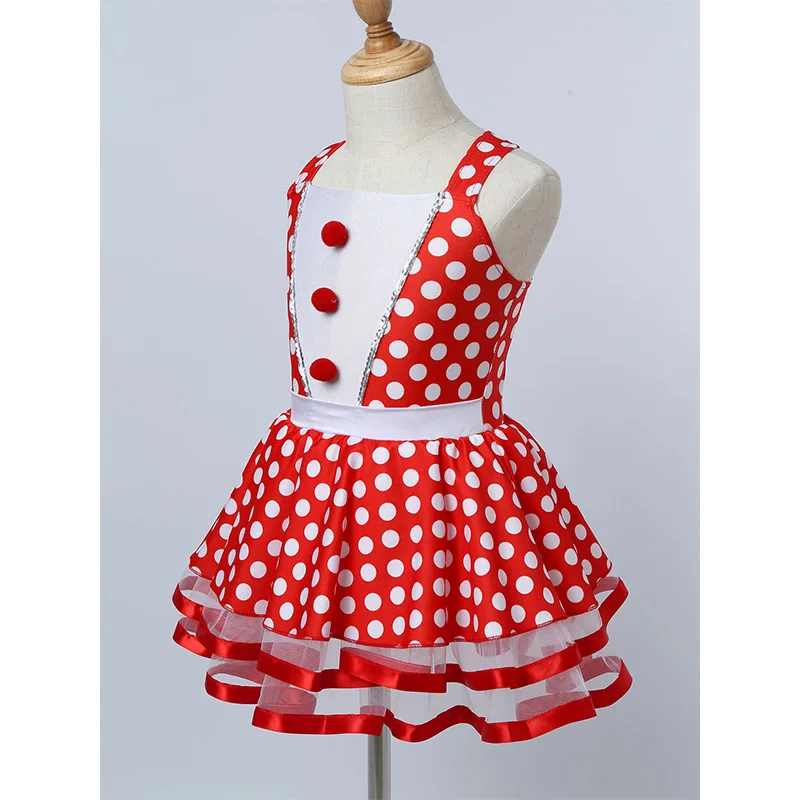 Kids Polka Dots Red Mesh Tutu Ballet Dress Children Girls Skirted Gymnastics Leotard Christmas Outfit Performance Dance Costume