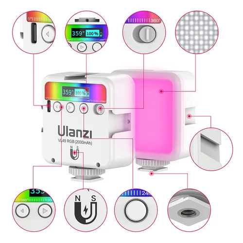 Imagen 2 del producto Ulanzi-luz LED para cámara VL49 RGB, 2500K-9000K, 800LUX, magnética, Mini Luz de relleno, 3 Zapata fría, 2000mAh, tipo C, para Youtube
