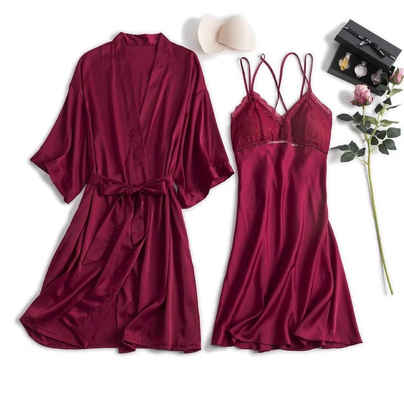 

2019 New Lady Kimono Bathrobe Gown Sexy Lace Sleepwear Loose Home Dress Nightdress Wedding Party Gift 2pcs Burgundy Satin Robe