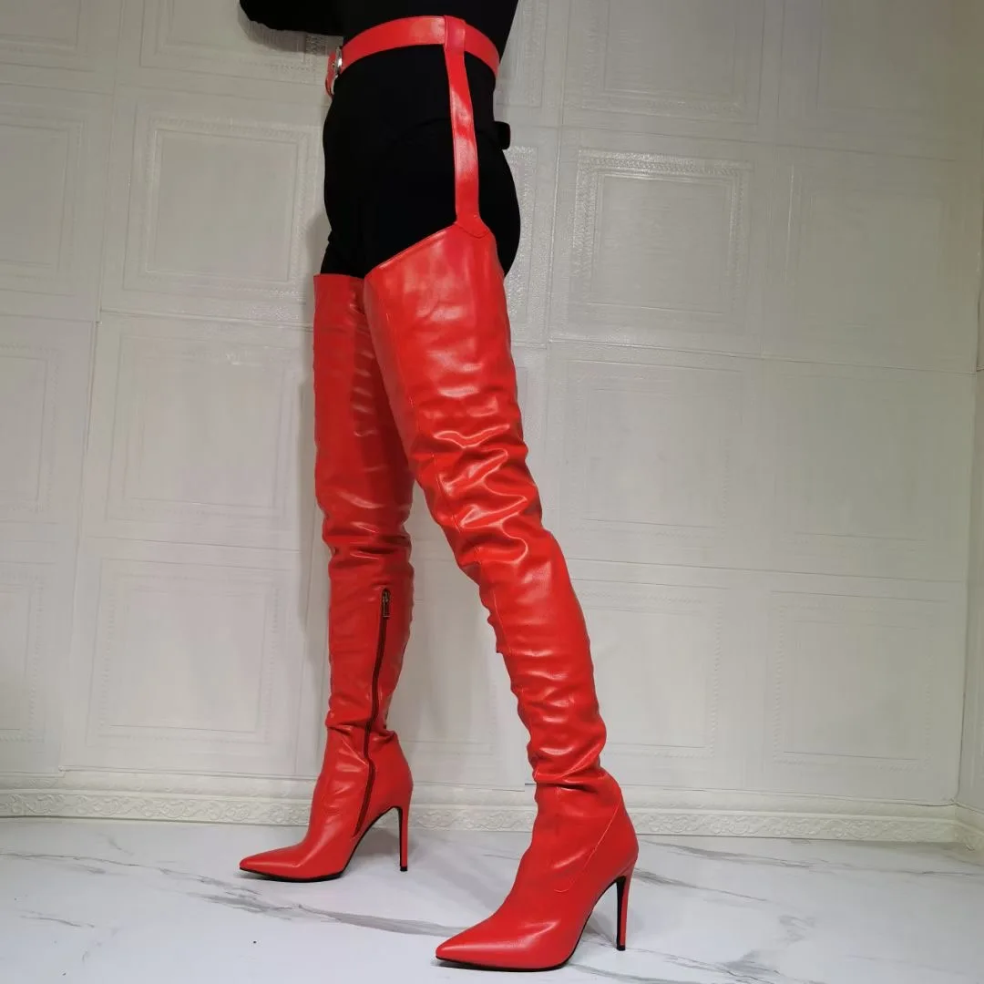 Genuine Leather Over The Knee Buckle Belt Crotch Boots Women Sexy Thigh High Over Knee Botas Fetish Stripper Dance Shoes Women