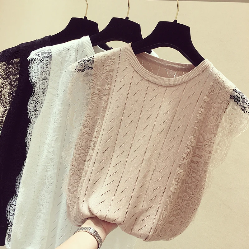 Spring Summer Korean Women Mesh Shirt Sleeveless O-Neck Lace Knitted Patchwork Tops Chic Solid Hollow Out Clothes Blusas 8795 50