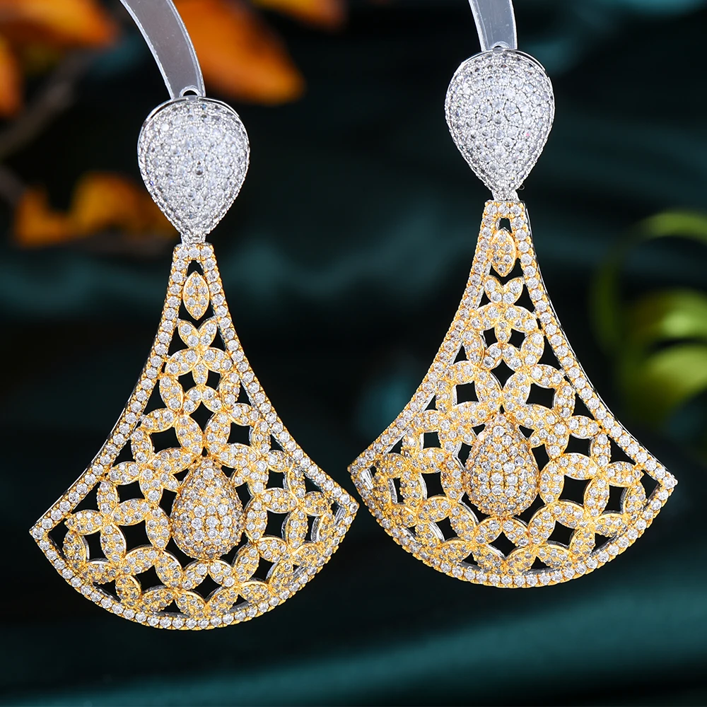 

Siscathy Arab Fashion Hollow Fan-shaped Drop Earrings For Women Trend Luxury Cubic Zirconia Hanging Earing Wedding Party Jewelry