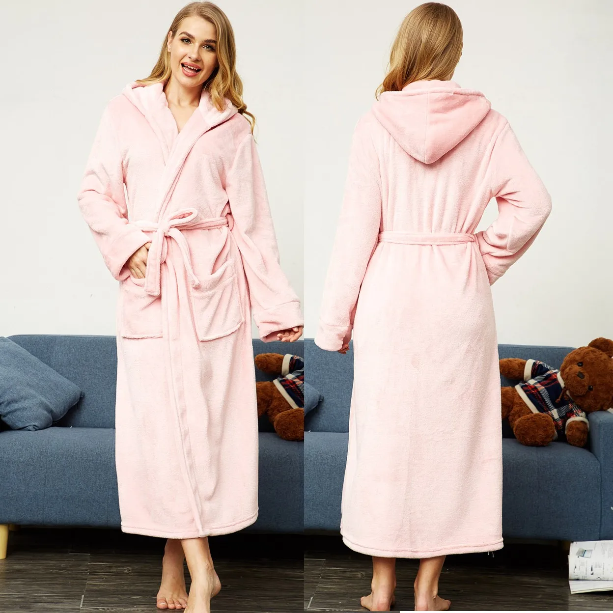 

Hooded Women Flannel Robe Winter New Sleepwear Solid Bathrobe Gown Lovers Coral Fleece Kimono Gown Casual Long Nightgown