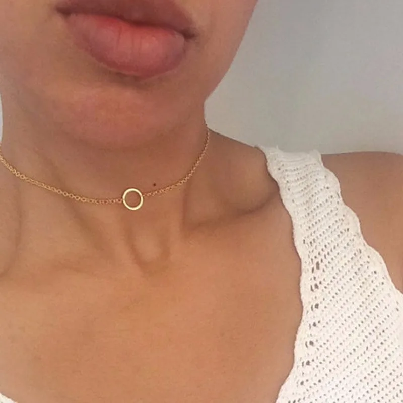 Simple Chain Metal Ring Short Choker Charm Necklace Gold-plated Necklace for Women Initial Necklace Chain Necklace