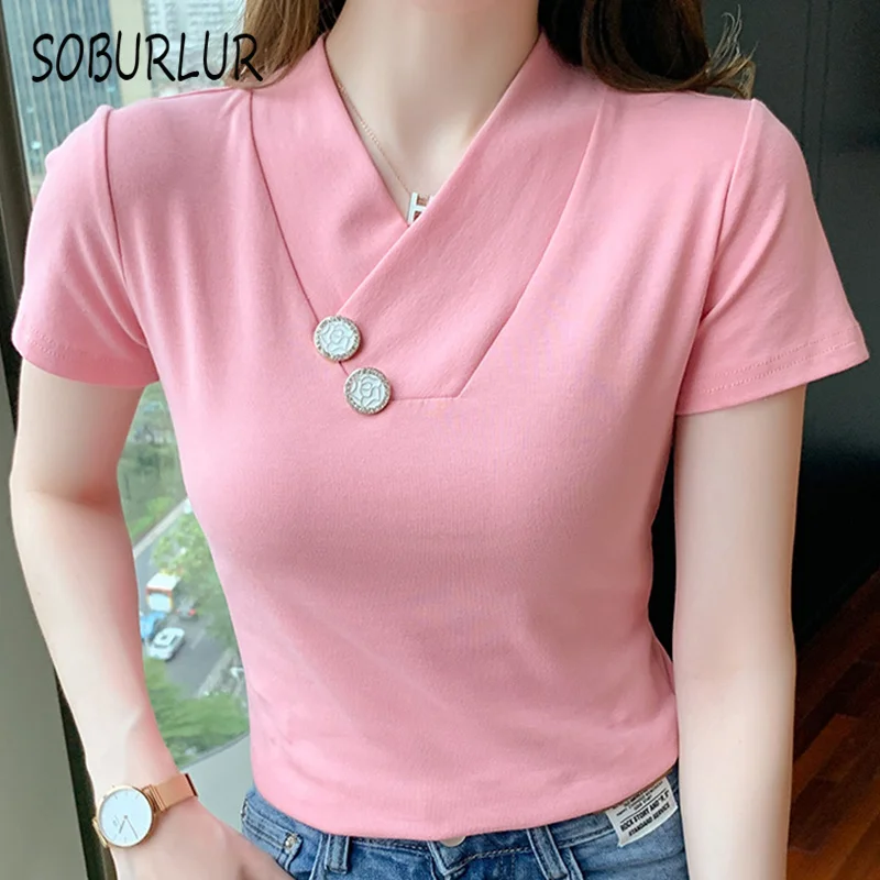 

SOBURLUR 2021 Summer Women's T-shirts Solid Color Oversize T shirt Crop Tops Woman Clothing Shirt Kawaii Short Sleeve T-shirt