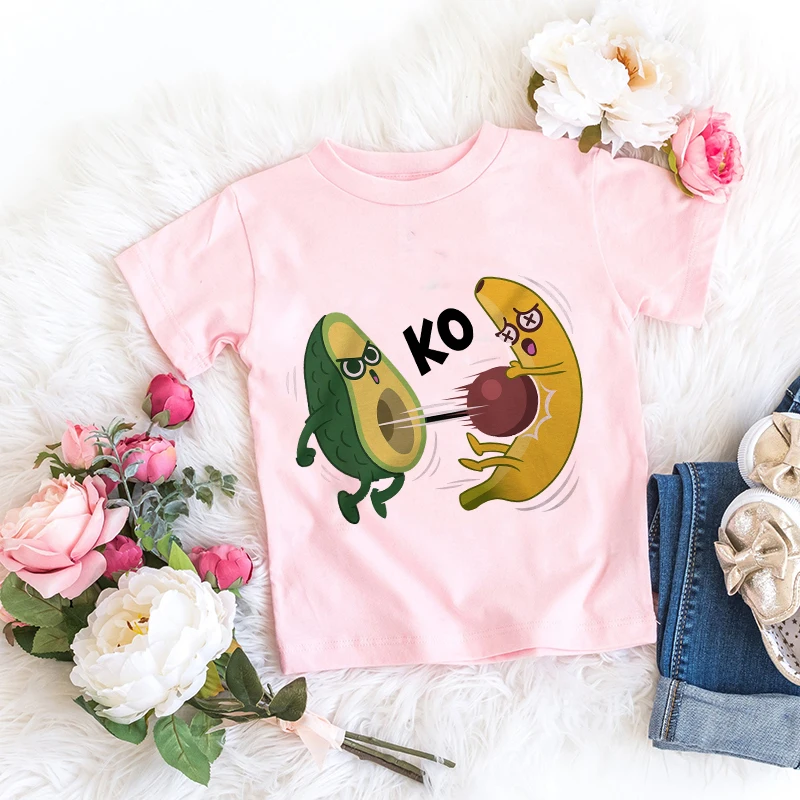 Boys T Shirt Girls Kids Children Tops Avocado Banana Clothing Short Sleeves Summer Spoof Clothes Print Cartoon Tee Pink Kawaii